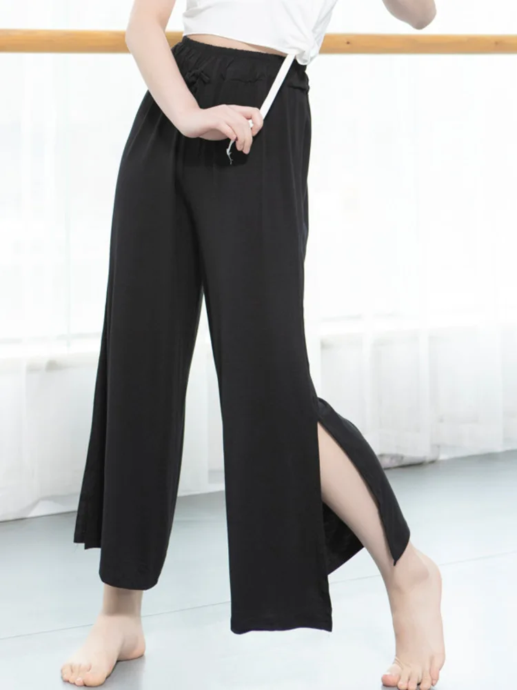 

Сплошной цвет, широкие брюки с высокой талией и разрезом по бокам, женская современная танцевальная одежда, тренировочный костюм, брюки