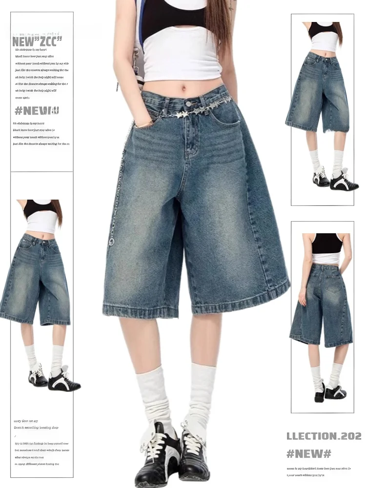 

Летние джинсовые брюки American Sle Five-Quarter, новинка 2025, женские винтажные широкие брюки с завышенной талией, свободные прямые брюки средней длины