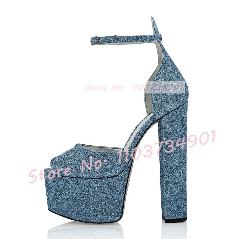 Crystal Trim Peep Toe Platform Sandals Women Classy Block High Heels Glitter Ankle Strap Shoes Classy Party Shimmer Sandals