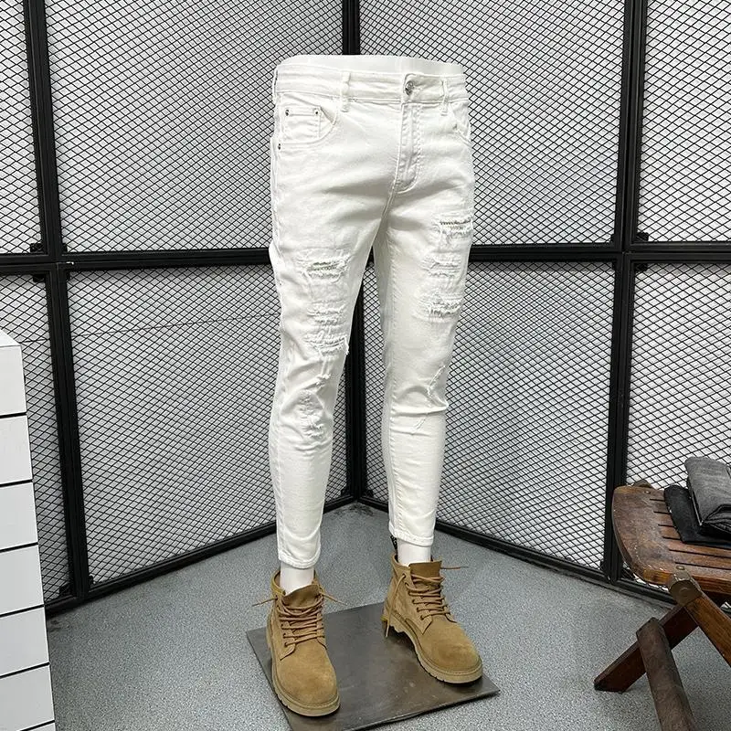 White Scratched Jeans Men's Spring and Autumn 2026 New Trendy Brand Slim-fitting Pants Fashion Ripped Pants Pantalones Hombre