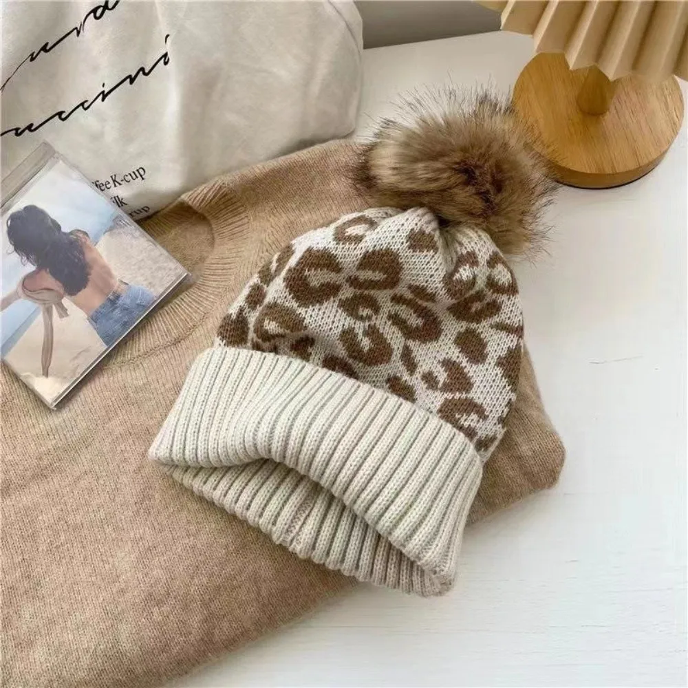 Trendy Thickened Leopard Print Hat Curled Edge Warmth Wool Ball Hat Cozy Woolen Hat Autumn Winter Outdoor Wear