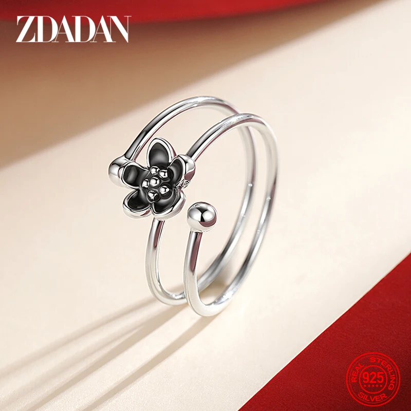ZDADAN 925 Sterling Silver Black Flower Adjustable Rings For Women Fashion Charm Gift Wedding Jewelry