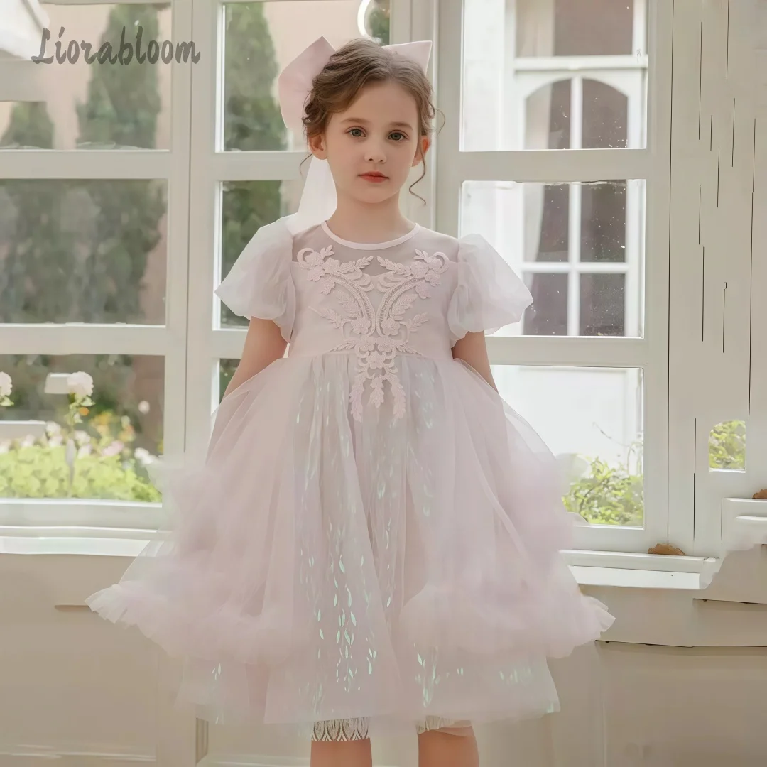 

Girls' Elegant Pale Pink Formal Dress Custom Tulle Flower Girl Gown Lace Style Wedding Party Attire Dress свадебное платье