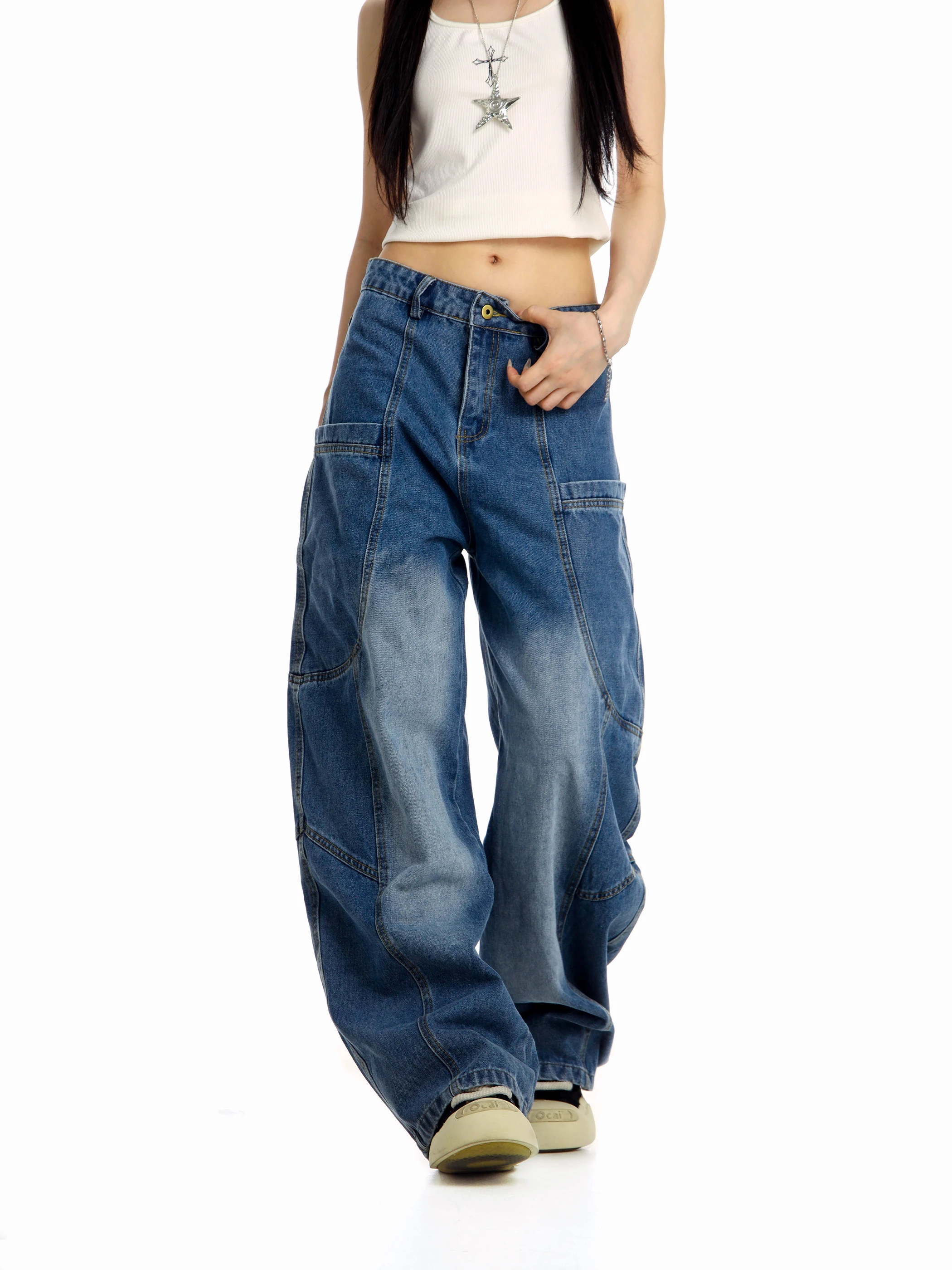 

Retro Blue Wide Leg Jeans Women's Loose Fit Cargo Denim Pants with Big kets Dance Floor Ready l Waist Trousers
