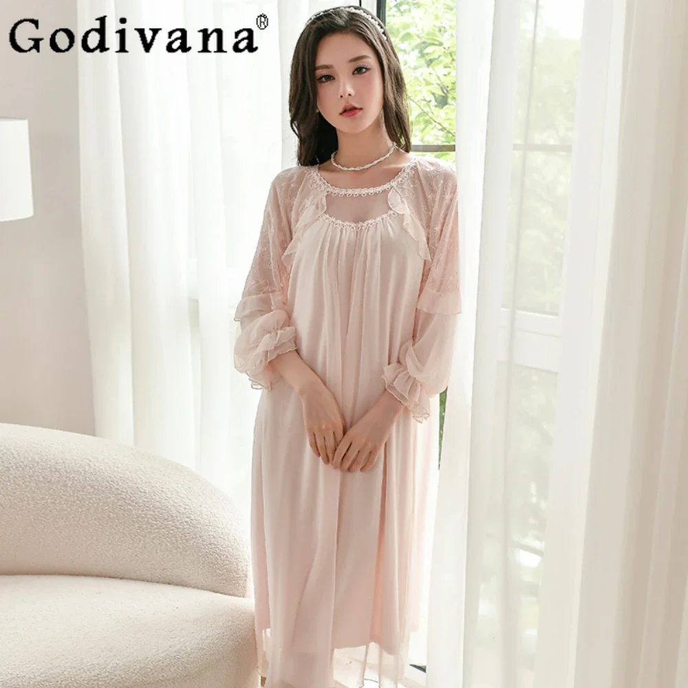 

Princess Nightdress Spring and Autumn Court Style Long Sleeve French Lace Fairy Sexy Pajamas Sweet Sleepwear Nightwear