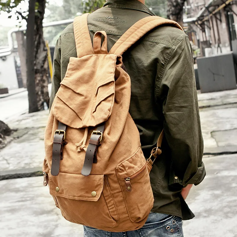 

Fashion Vintage Leather military Canvas Backpack Men School Bag drawstring backpack Women Bagpack male Rucksack Teenager mochila
