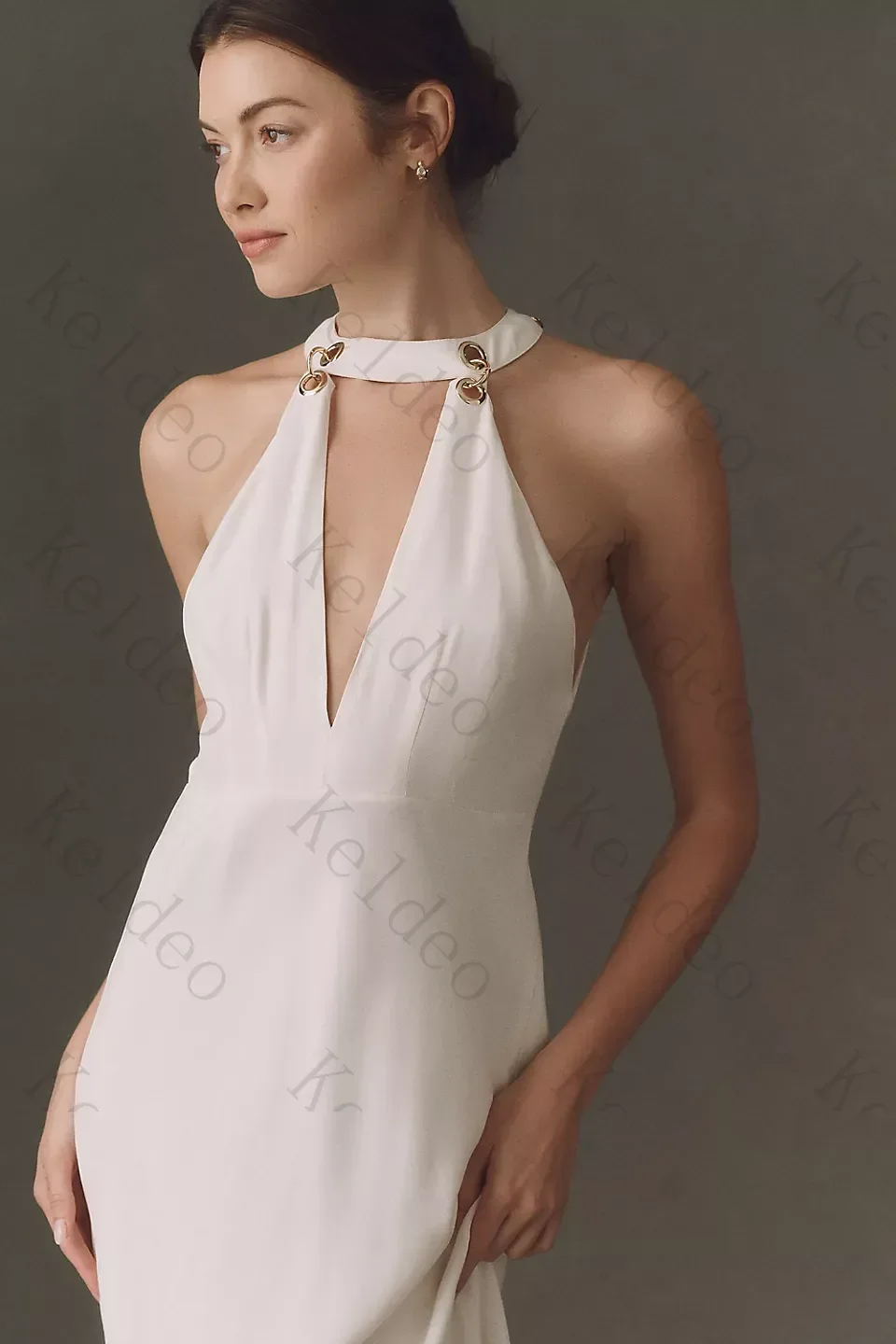 Customized Fashion A‑Line Wedding Dresses Halter Neck Deep V‑Cut Metal Buckle Decor Sleeveless Open Back Midi‑Length Bridal Gown