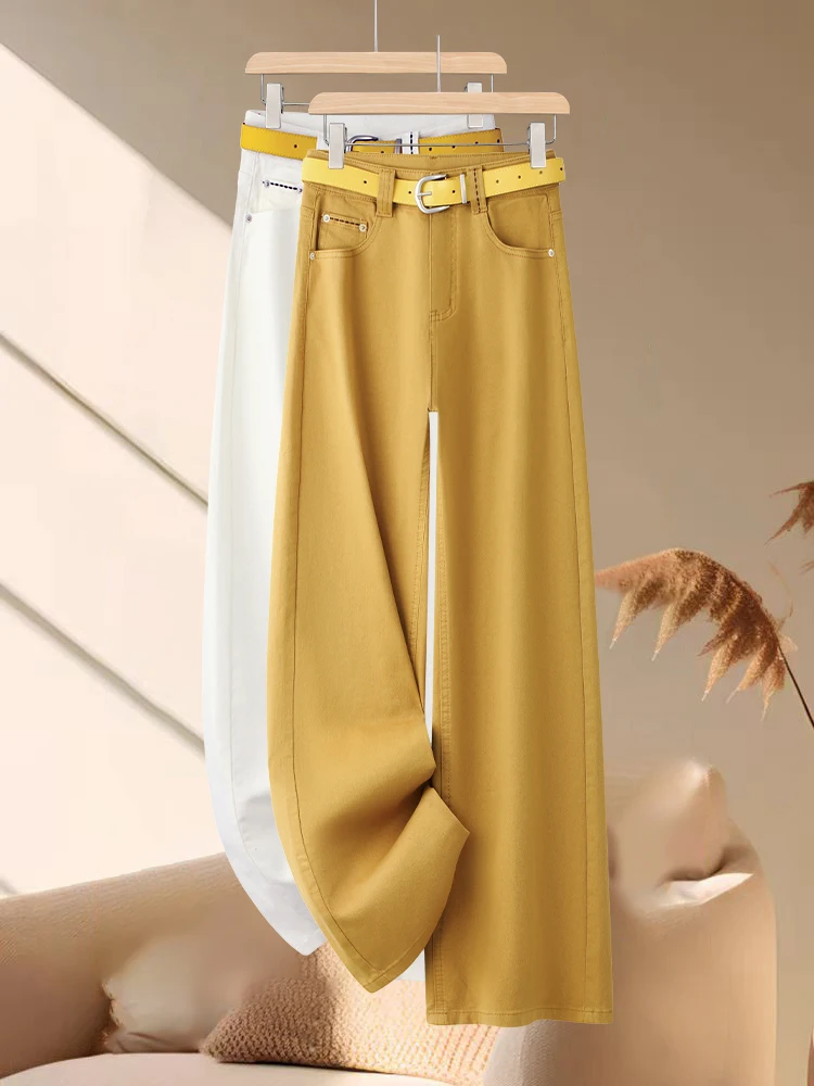 

Yellow Soft Denim Straight Leg Pants Women's Casual High Waist Wide Leg Pants Spring Autumn New Style Popular