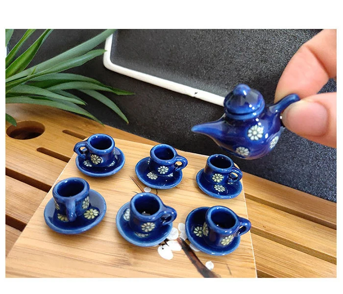 9Pcs Ceramic Scale 1:12 Doll House Miniature Porcelain Blue Printing Tea Cup Set Tableware Kitchen Dollhouse Teapot DIY Toys