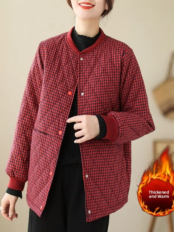 

Korean Japanese High End Short Cotton Jacket Women's Large Size Fashion Simple Design Small Grid Outerwear Cotton Clothes
