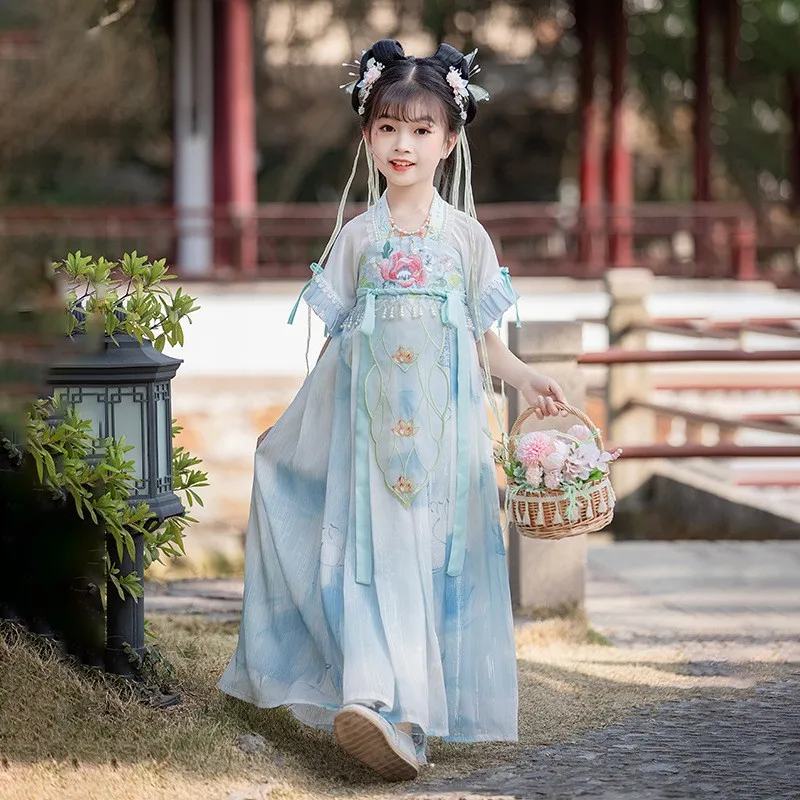 

Ancient Chinese Girl Embroidery Hanfu Dress Kids Fairy Children Dance Stage Perform Costume Dress Summer Dress Cosplay Clogthing