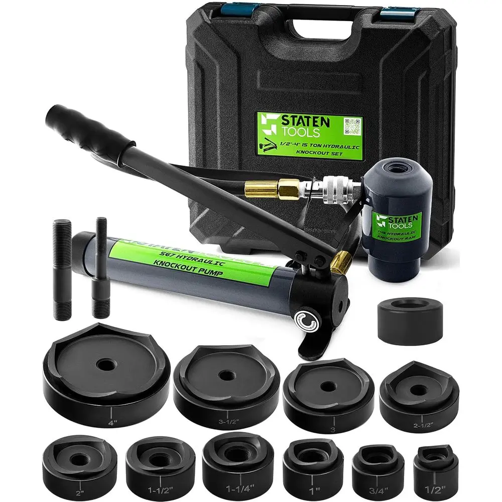 

1/2 to 4 Hydraulic Punch Set | 15 Ton Capacity | 10 Dies for 11-16 Gauge Steel | 1-Year Warranty