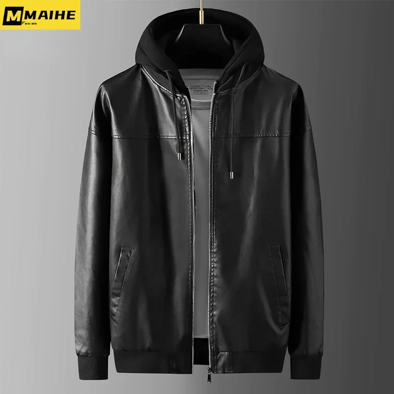 2024 Spring New Leather Jacket Men's Brand Fashion Loose Hooded PU Coat South Korean Street Black Short Motorcycle Jacket Men's