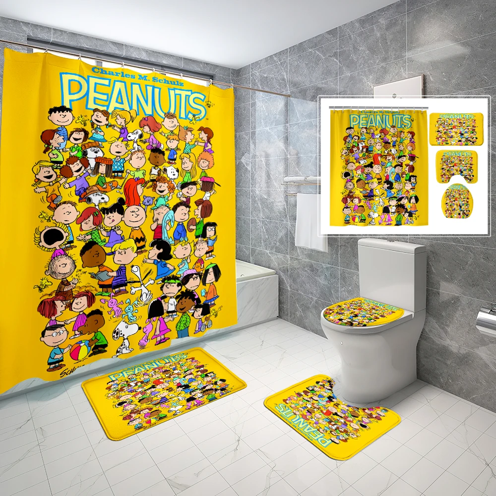 1/4Pcs Cartoon Anime Snoopy Waterproof Shower Curtain Set with Non-Slip Rugs,Toilet Lid Cover,Bath Mat