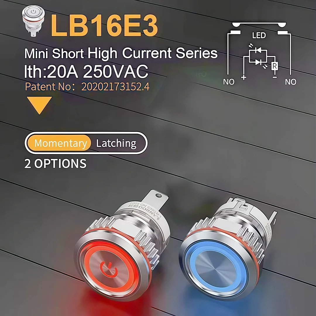 LANBOO 16mm Hochstrom 16A Hochleistungs-Metall-Drucktastenschalter 12V110V 24V 220V LED-Licht Verriegelnd – Detail 1