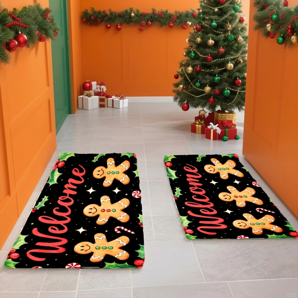 Of 1, 2, Or 3 Door Mats Featuring a Christmas Welcome Design, Perfect for The Kitchen Or Bathroom. This Flannel Mat Showcases a Gingerbread Man on a Black Background, Making It an Excellent Gift for Housewarmings, Halloween