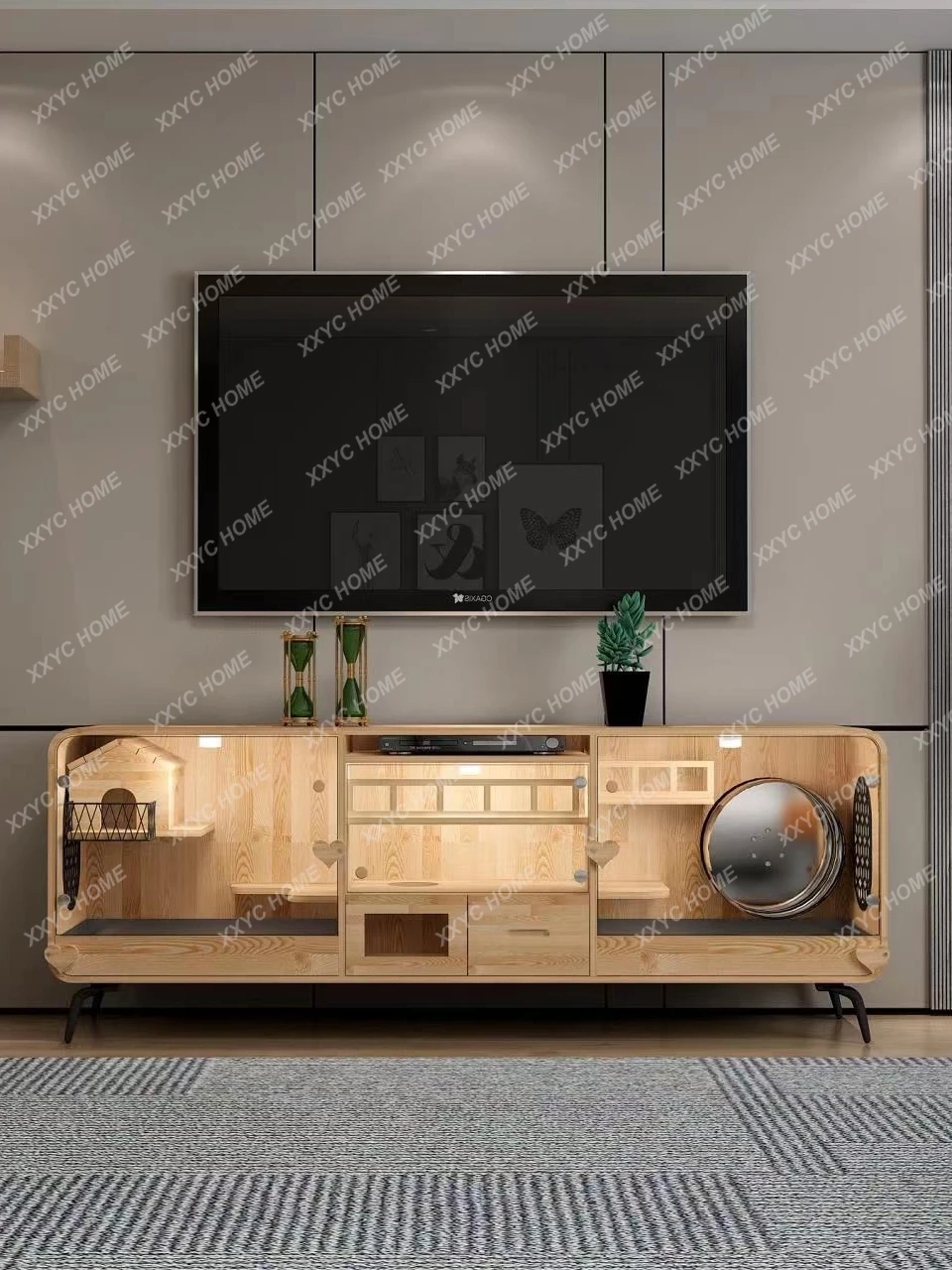 Totoro Villa Glass Transparent Luxury High-End Solid Wood Cage TV Cabinet Cage Djungarian Hamster Guinea Pig Cat Cage Custom