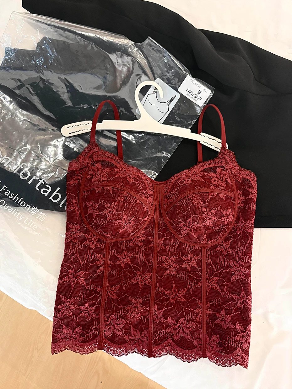 Red Lace Fishbone Strap Vest Women's Outerwear Integrated Chest Pad Beautiful Back Bra Base Layer French Style Slim Fit Vest