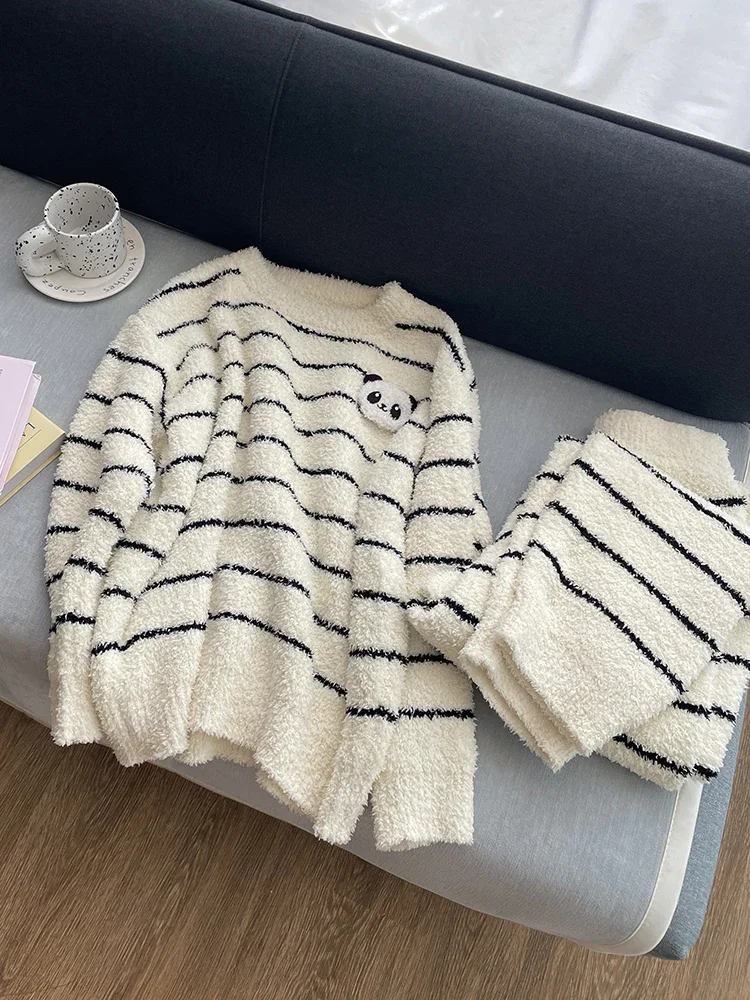 Cartoon Panda Striped Sleepwear for Women Round Neck Long Sleeve Sweet Coral Fleece Pajama Two Piece Sets Cute Homewear