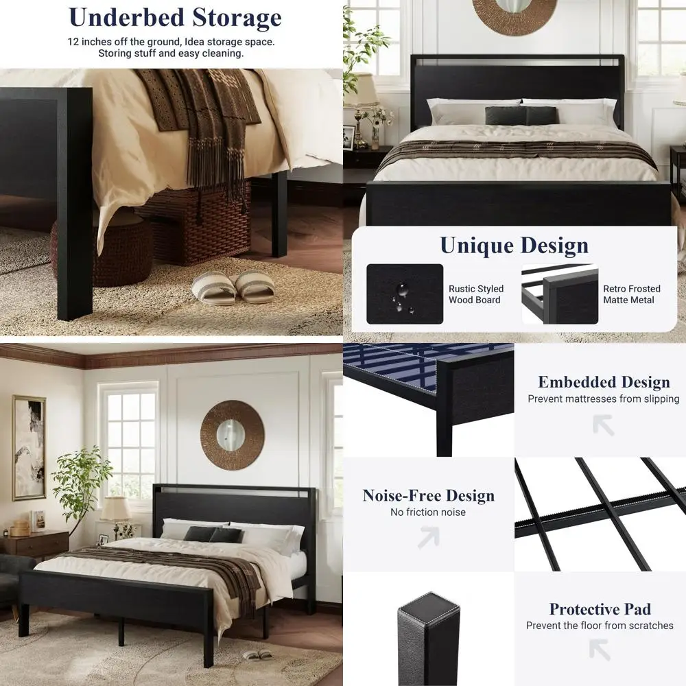 

Queen Size Platform Bed with Wooden Slat Support, No Box Spring, Under-Bed Storage, Noise-Free, Easy Assembly, Black Oak