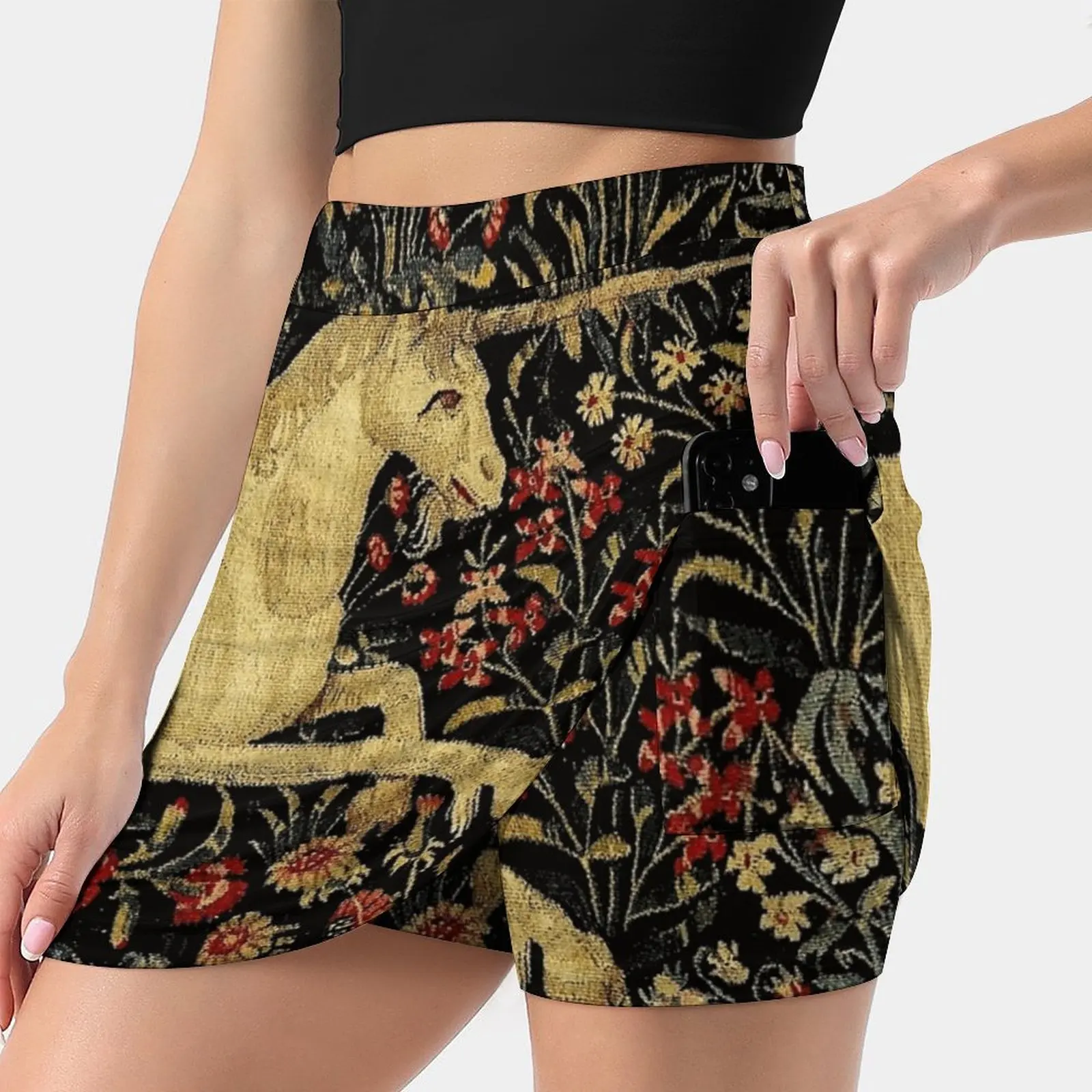 Tapiz Floral de unicornio Medieval para mujer, falda con forro deportivo para baile de tenis, faldas cortas estampadas para Fitness, unicornio