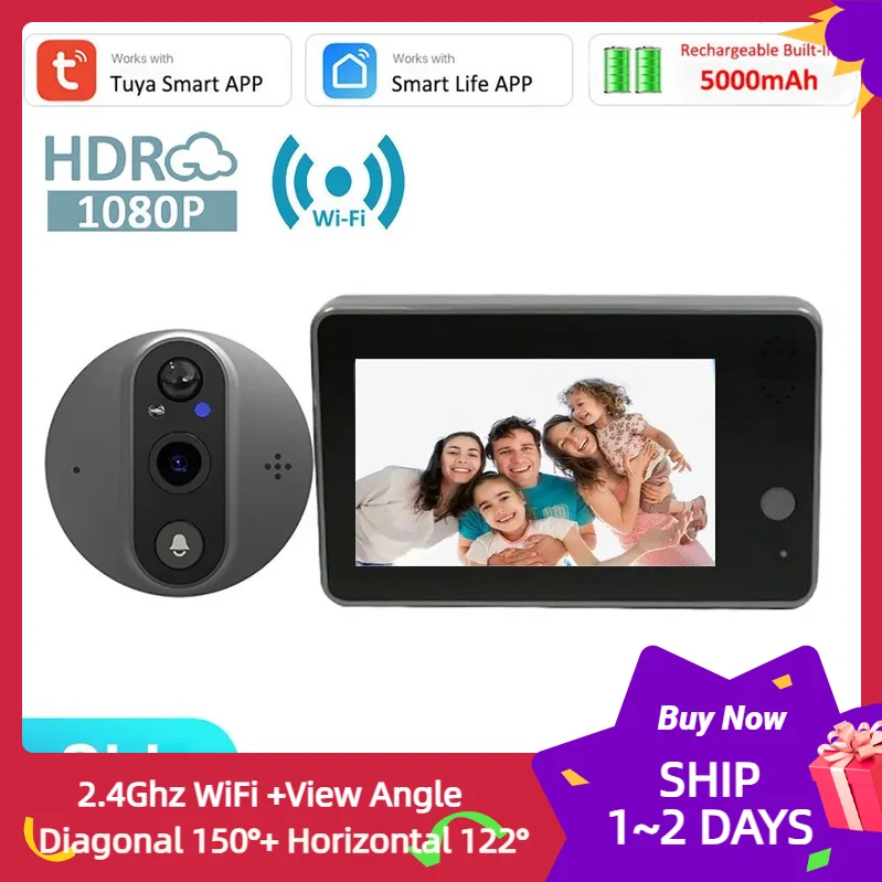 

Smart Tuya 1080Pwifi camera door peephole 5000mAh Audio 4.3' PIR FHD Infrared Alexa mirilla digital puerta