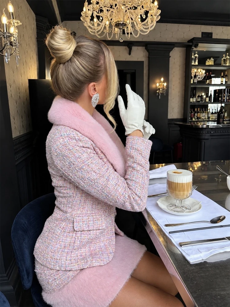 Lady Faux Fur Patchwork Slim Fit Blazer 2 Piece Outfit Furry Mini Skirt Suit Long Sleeve Waist Cinched Elegant Winter Fall Set