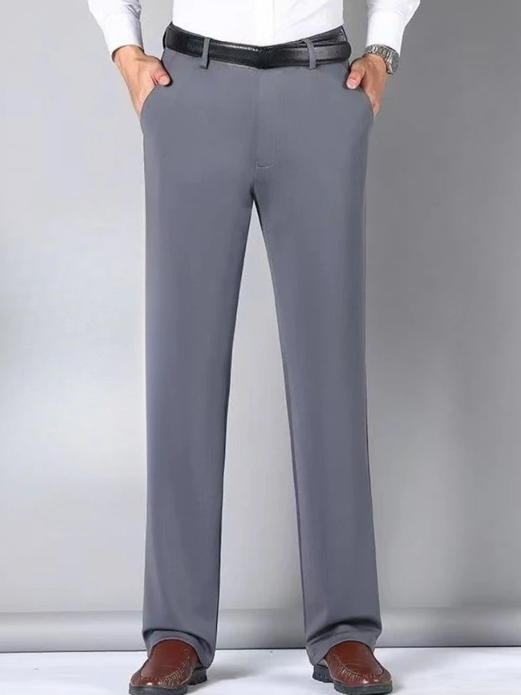 Men's Summer Ice Silk Pants Super Stretch Slim Fit Straight Trousers Business Casual Loose Breathable Office Wear