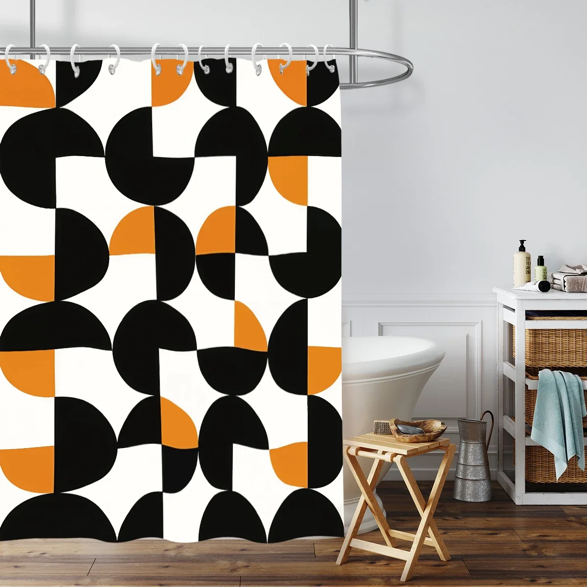 1pc Geometric Pattern Print Waterproof Shower Curtain Bath Privacy Multi Size Hanging Curtain with 12 Hooks Easy Installation