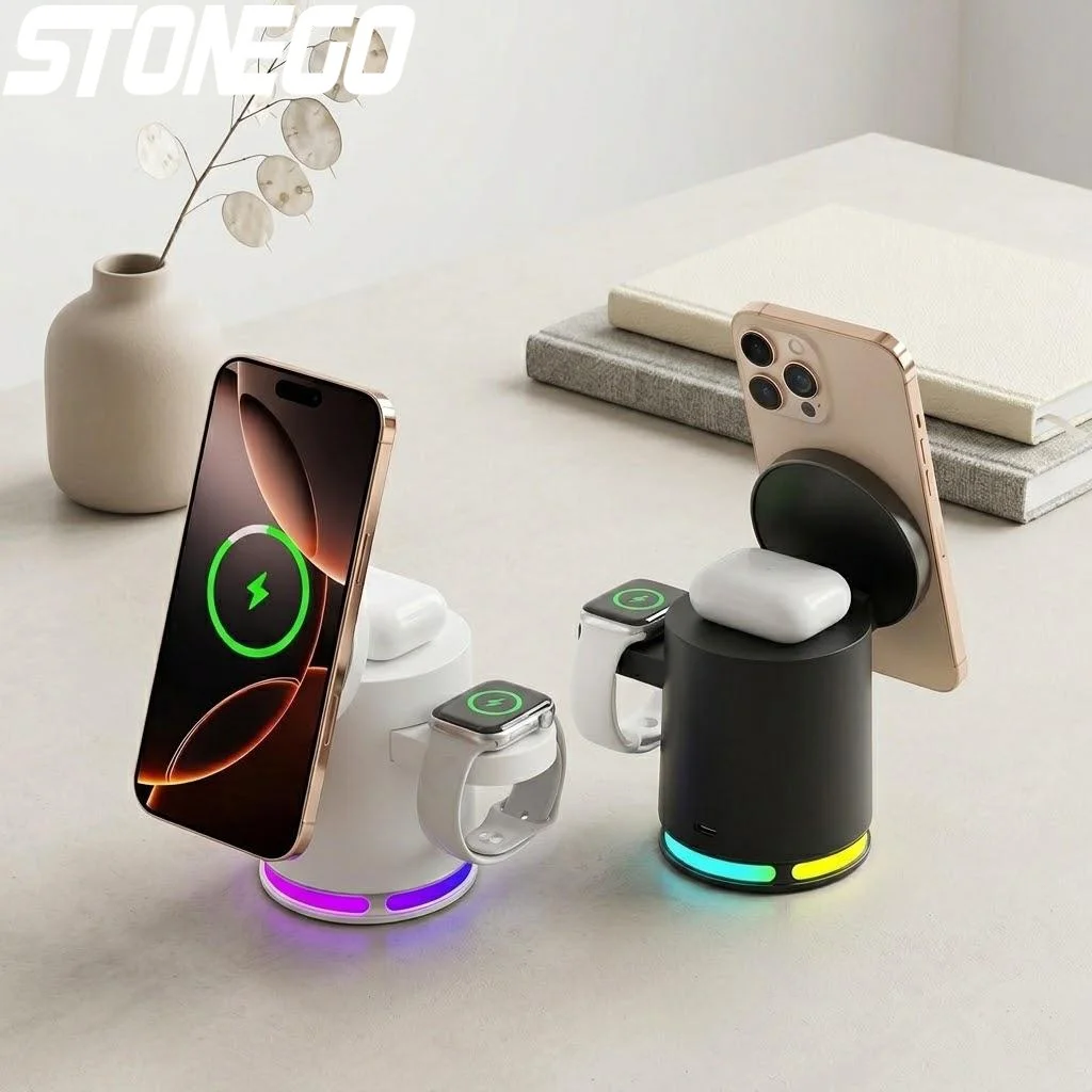 Estação de Carregamento Magnética Sem Fio 3 em 1 Carregador Rápido para iPhone 12 13 14 15 16 Apple Watch AirPods Samsung Galaxy
