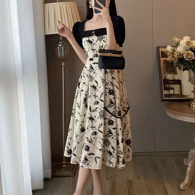 

Elegant French Style Spliced Dresses Square Collar Female Vintage Printed A-Line Waist Summer Fashion Puff Sleeve Midi Dress New