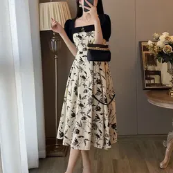 Elegant French Style Spliced Dresses Square Collar Female Vintage Printed A-Line Waist Summer Fashion Puff Sleeve Midi Dress New