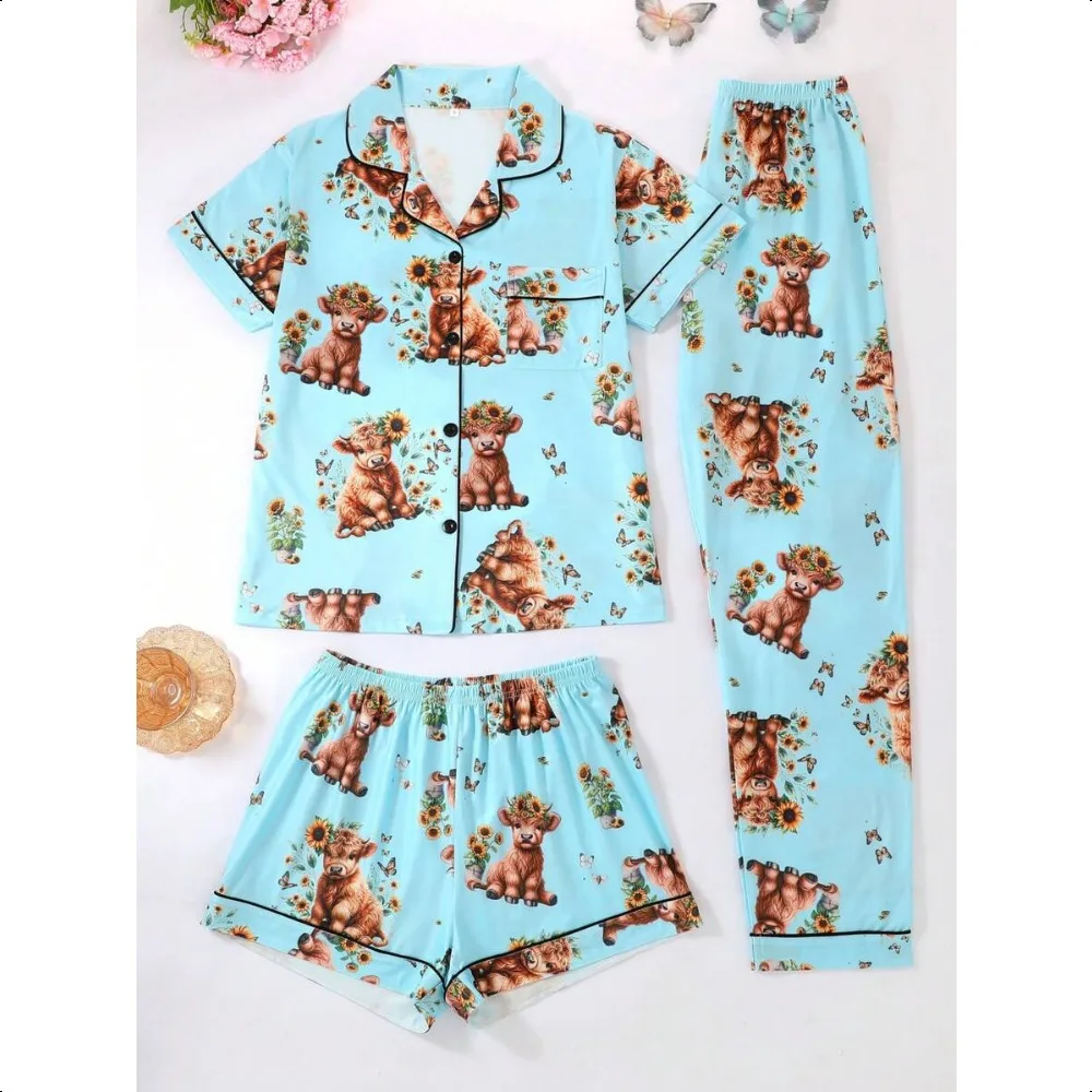 

Cute Cow Pattern 3Pcs Pajama Set, Collared Button Shirt with Shorts & Long Pants, Loose All Season Women Loungewear