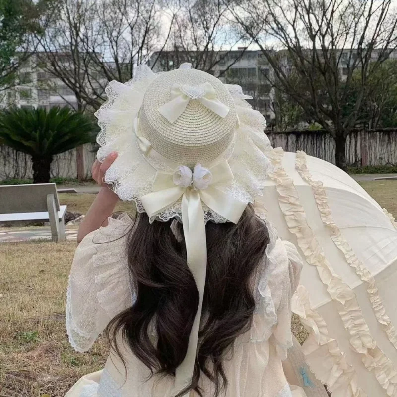 로리타 밀짚모자 숲의 달콤한 리본 프랑스 소녀 꽃 차양 모자 로리타 플랫 탑 모자 사랑 스타일