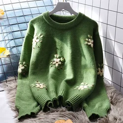 Heavy Industry Flower Embroidered Round Neck Sweater Women Autumn winter New Lazy Style Loose Long Sleeved Knitted Pullover Top