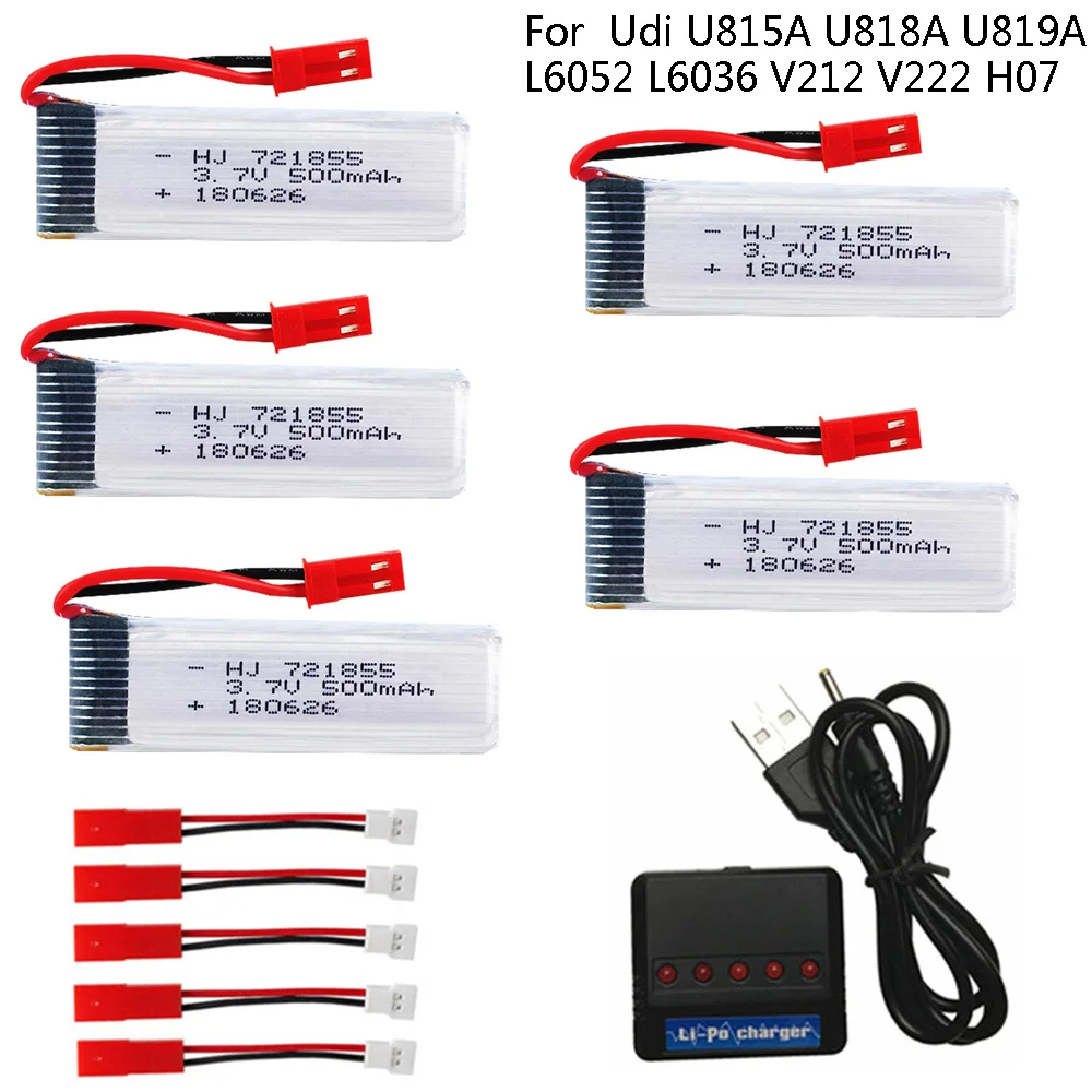 Lipo Battery 3.7V 500mAh with 5in1 Charger for Udi U815A U818A U819A L6052 L6036 V212 V222 H07 RC Battery accessory 721855