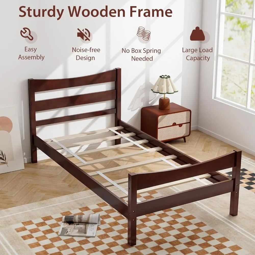 Giantex 木製ベッドフレーム ツインサイズ、素朴なスタイルのプラットフォームベッド、ヘッドボードとフットボード付き、無垢材スラットサポート、ボックススプリング不要