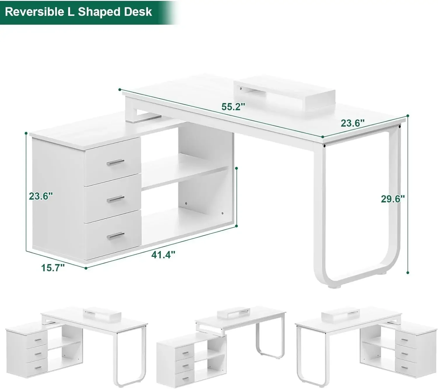 White Desk with Drawers, 55 Inch White L Shaped Desk with 3 Drawers, Computer Desk with Monitor Stand, White Home Office Sturdy