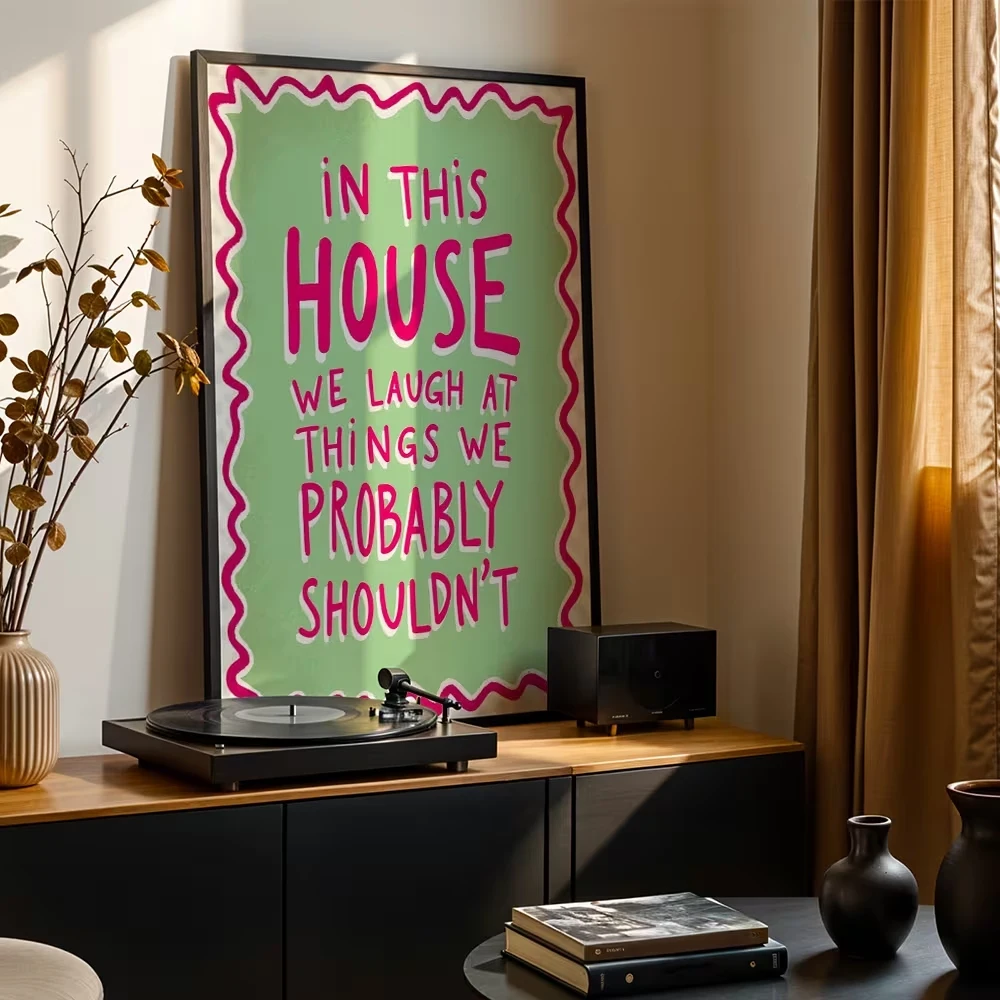 Modern In This House We Laugh Quote Wall Art Canvas Print pink Green Wavy Poster For Living Room Bedroom Home Decor