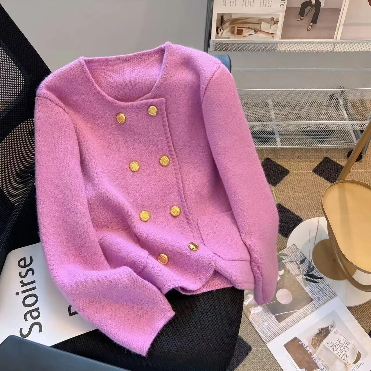 2024 Autumn and Winter All-match Sweaters Socialite Temperament O-Neck Solid Color Loose All-match French Double Breasted Coat