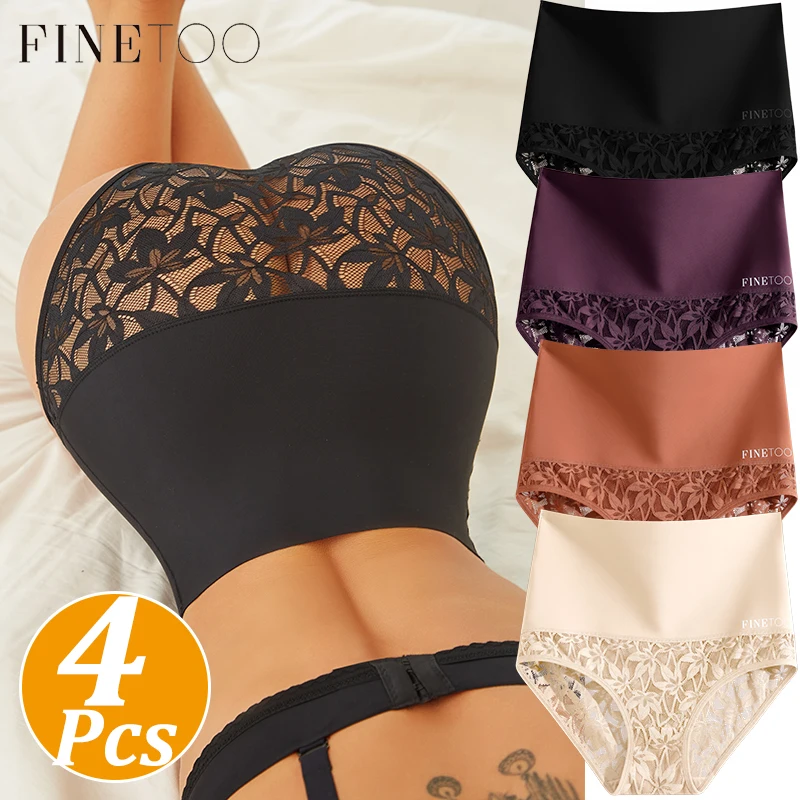 FINETOO 4Pcs Women High Waist Lace Briefs Soft Stretch Breathable Panties Floral Lace Hip Underwear Slim Tummy Control Shapewear Underpants for Daily Wear Multi Color Set