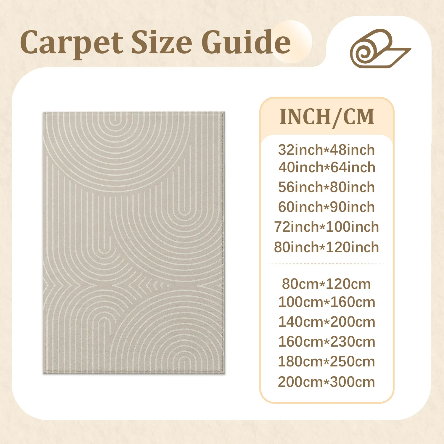 Large Indoor Area Rug, Soft Velvet Low Pile, Non-Slip Dotted Backing, Machine Washable Minimalist Geometric Curved Beige Rug for Living Room Bedroom