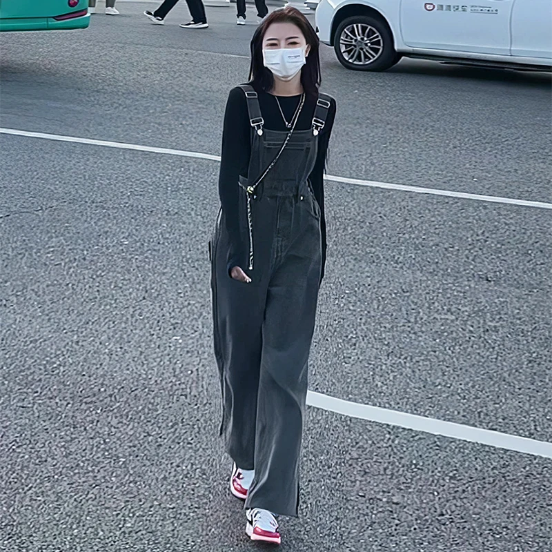 

Anti-Aging Elegant Slit Denim Overalls Women's Spring Autumn New Large Size Loose Straight Leg Floor-Length Pants