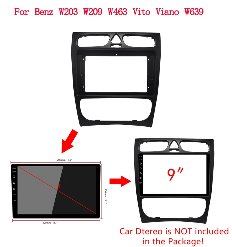 

9inch Car Radio Fascia for Benz C CLASS W203 w209 w463 Vito viano w639 02-04 DVD Stereo Frame Plate Adapter Mounting