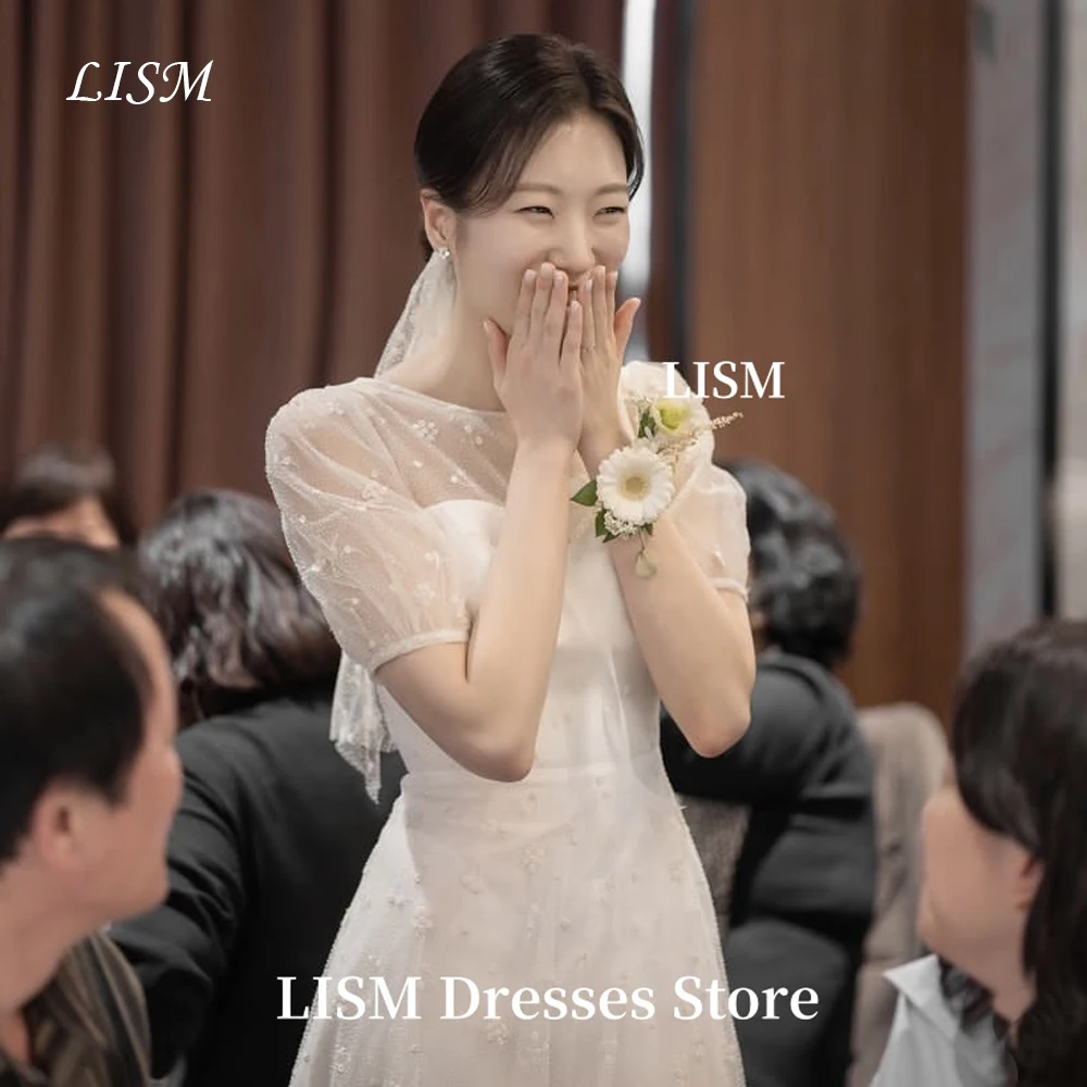 

LISM O-Neck Elegant Korea Wedding Dresses Soft Tulle Short Sleeves Photo Shoot Long Bridal Gowns 웨딩드레스Customized Corsets