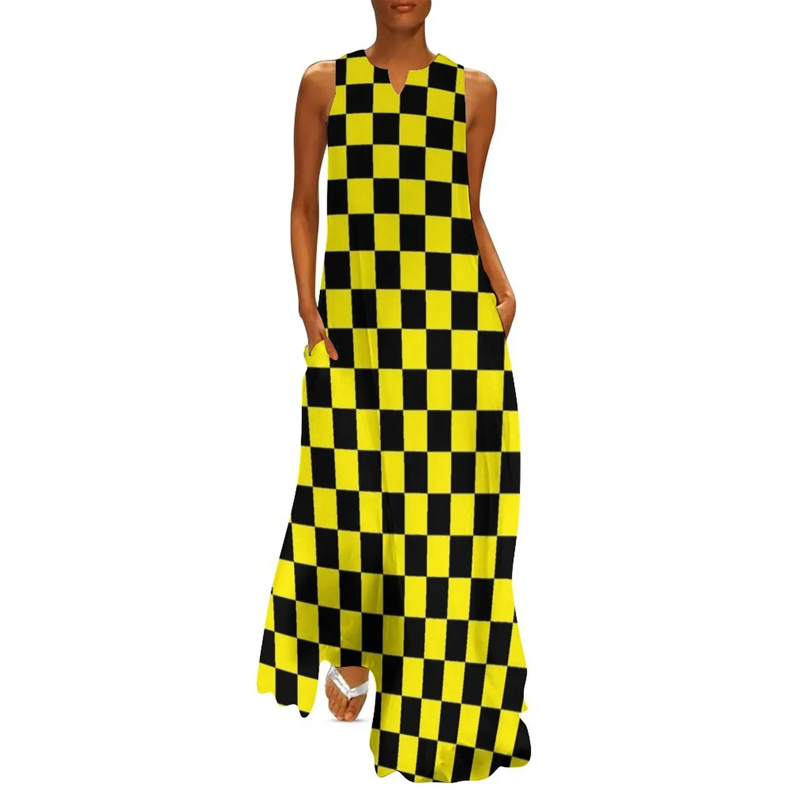 

black yellow checkered Long Dress party dresses woman women evening dress Dress