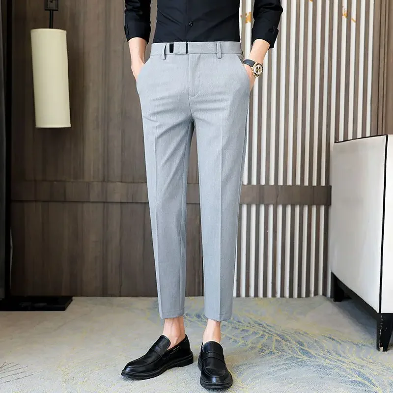 Slim Fit Fluid Stretch Elastic Men's Summer Pants Tressed Straight Draped Male Suit Trousers 9 Cropped Korean Style Clothes Up