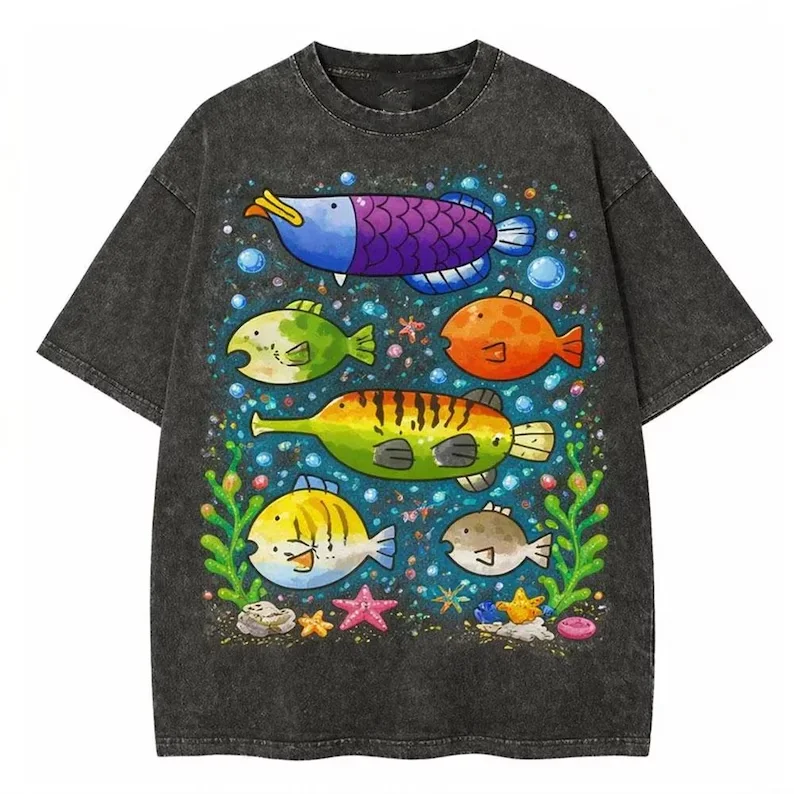 Vintage Washed Tropical Fish Print T-Shirt Colorful Aquarium Marine Life Tee Casual Loose Fit Short Sleeve Tops for Men Women