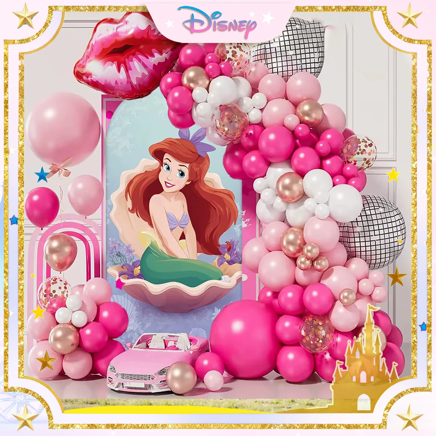 

Ariel Pink and Gold Balloon Arch + Backdrop Wall Mermaid-Themed Children's Birthday Party Decor Backdrop