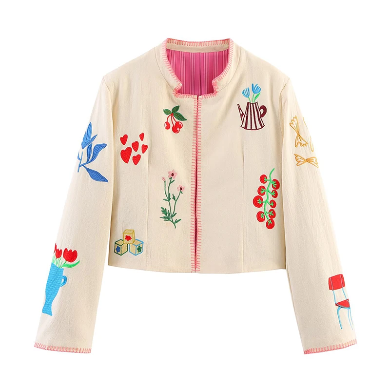 

Fashion Women Short Embroidery Jacket Stand Collar Long Sleeve Cardigan Coat 2025 Autumn Streetwear Lady Outerwear